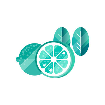 Trendy textured icon of lime or lemon and two leaves with gradient colors. Citrus fruit. Natural and healthy food. Abstract flat vector