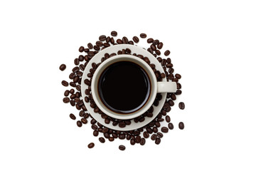Top view  a cup of coffee and coffee beans on white background.
