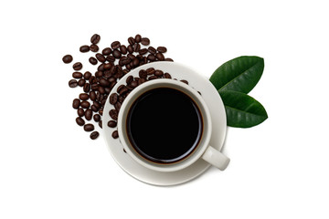 Top view  a cup of coffee and coffee beans on isolated background.
