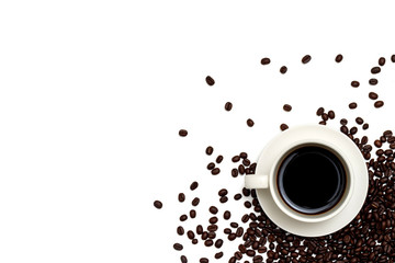 Top view  a cup of coffee and coffee beans on white background.Free space for your text.