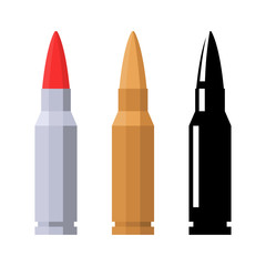 Bullet isolated on white background. Vector illustration flat design. Gunshot ammunition. Set of bullets of different colors and silhouette. Pictogram of weapon.