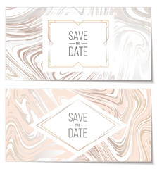 Wedding invitations with Marble paper texture imitation, suminagashi ink stains background, rose gold and white grey