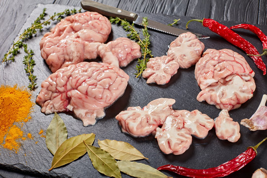 raw juvenile beef or veal brains slices