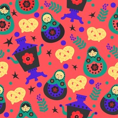 Bright national Slavic pattern with dolls and samovar. Vector seamless pattern.