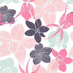 Hand drawn orchids.Vector  seamless pattern