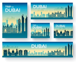 Dubai vector brochure cards set. Country template of flyear, magazines, posters, book cover, banners. Travel invitation concept background. Layout architecture illustrations modern page