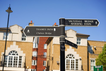 Direction Sign Post for Vauxhall Bridge, Thames path, Chelsea Bridge
