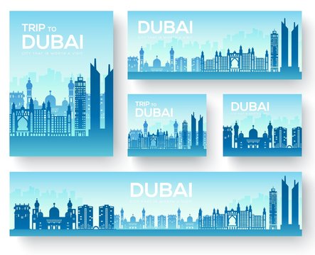 Dubai vector brochure cards set. Country template of flyear, magazines, posters, book cover, banners. Travel invitation concept background. Layout architecture illustrations modern page