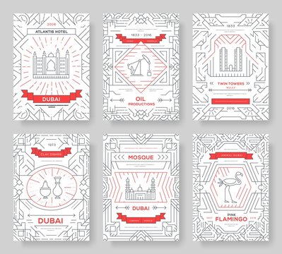 Dubai vector brochure cards thin line set. Country travel template of flyear, magazines, posters, book cover, banners. Layout culture monument outline illustrations modern pages