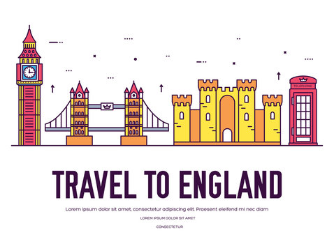 Country England travel vacation of place and feature. Set of architecture, item, nature background concept. Infographic traditional ethnic flat, outline, thin line icon