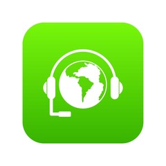 World planet and headset icon digital green