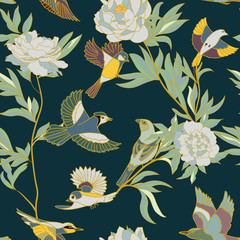 Materiał do szycia Bright wide vintage seamless background pattern. peony, with humming birds around. Stylized on dark color. Abstract, hand drawn, vector - stock.