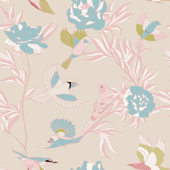 Bright wide vintage seamless background pattern. peony, with humming birds around. Stylized on pink light color. Abstract, hand drawn, vector - stock.