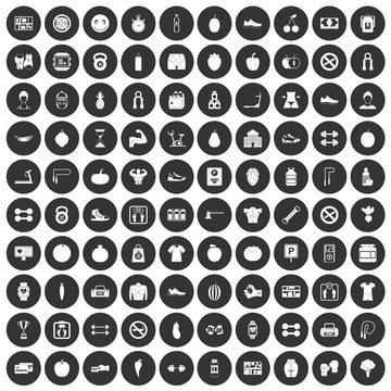 100 gym icons set black circle