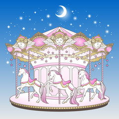 Merry go round with horses over blue night sky with moon and stars hand drawn print design for kids in pastel colors vector illustration.