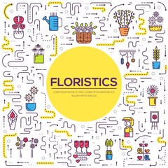 Thin line woman decorator standing brochure cards set.  Working in beautiful flowers store template of flyear, magazines, poster, book cover, banners. Outline floristic shop invitation concept