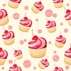 Colorful seamless pattern with tasty chocolate cupcake and pink double cream and maraschino cherry in cartoon style. Vector illustration. Desserts Collection.