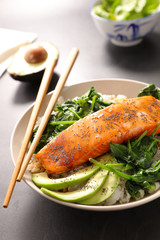 salmon fillet, rice and vegetable
