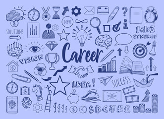 Management infographic concept with financial business career development elements in doodle style . Vector hand drawn illustration. Isolated objects