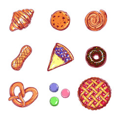 Bakery and bread vector collection. Different types of pastries and cakes with fruits and berries.