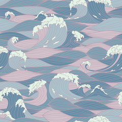 Seamless Pattern with Hand Drawn Stylized Sea Waves. Vector Illustration.