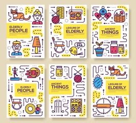 Grannys day thin line icons design cards. Outline old people and adult items background concept. Template of flyear, magazine, poster, book cover, banners. Vector elderly grandmother and grandfather