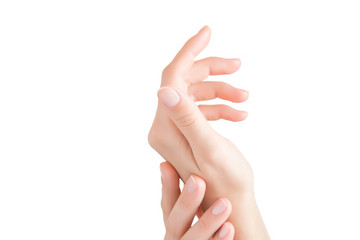 Beautiful, groomed woman's hand touching her smooth skin. Cares about clean and soft hands skin. Healthcare concept. Isolated on white background.