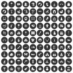 100 happy childhood icons set black circle