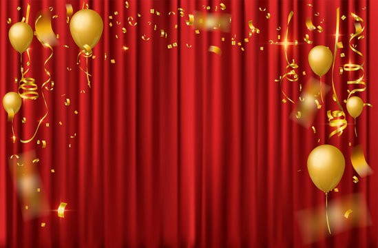 celebration background with falling gold confetti on red curtain