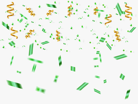 Gold Ribbons  And Green Confetti On White