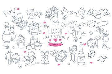 Set of hand drawn symbols of Valentine s Day. Linear flowers, bottle of champagne and glasses, balloons, doves, candles. Vector for greeting card, poster or invitation