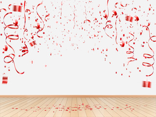 falling red ribbon and confetti on room  background