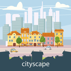 Obraz premium Urban landscape with large modern buildings and suburb with private houses. Street, highway with cars. Concept city and suburban life. Vector, cartoon style, isolated