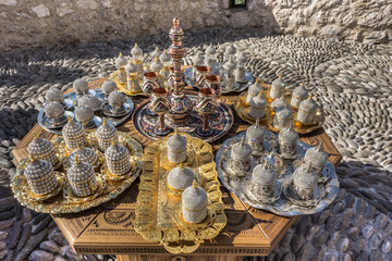 Decorative souvenirs and handicrafts in the Old Town of Mostar in arabic style - Copperware, beaded...