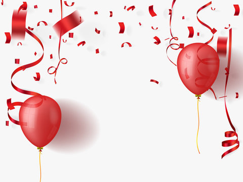 Red Celebration With Ribbon, Confetti And Balloon