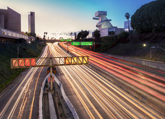 Rush hour traffic lights at FWY 101 in downtown LA