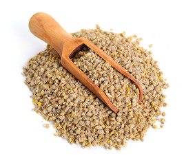 A pelleted ration designed for chicken. Isolated on white background