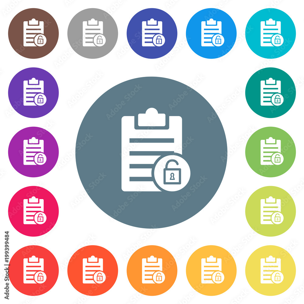 Poster note unlock flat white icons on round color backgrounds