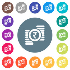 Indian Rupee coins flat white icons on round color backgrounds