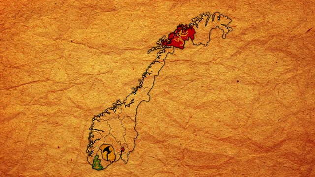 Vintage administration map of norway with flashing flags of administrative divisions
