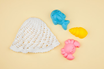 set - children's panama, toys for sand. The concept of vacations, games in kindergarten and fresh...