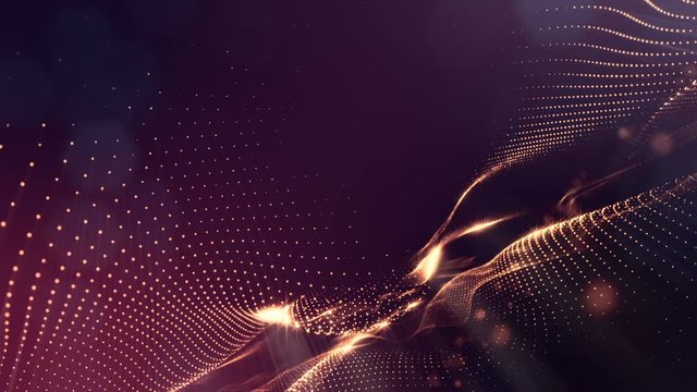 Virtual space with depth of field. Looped holographic background with particles form lines, surfaces, grid. Gold particles v3