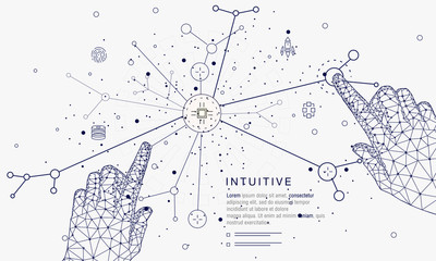 Innovations systems connecting people and robots devices. Future technologies in automatics cyborg systems and computers industry from awesome internet developments. Geometry style with linear pictogr
