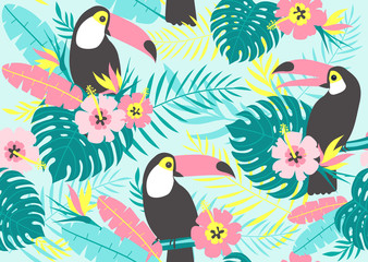 Tropical seamless pattern with toucans, exotic leaves and flowers. Vector illustration © 210484kate