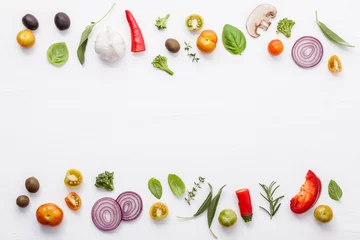 Türaufkleber Various fresh vegetables and herbs on white background.Ingredients for cooking concept sweet basil ,tomato ,garlic ,pepper and onion with flat lay.. © kerdkanno