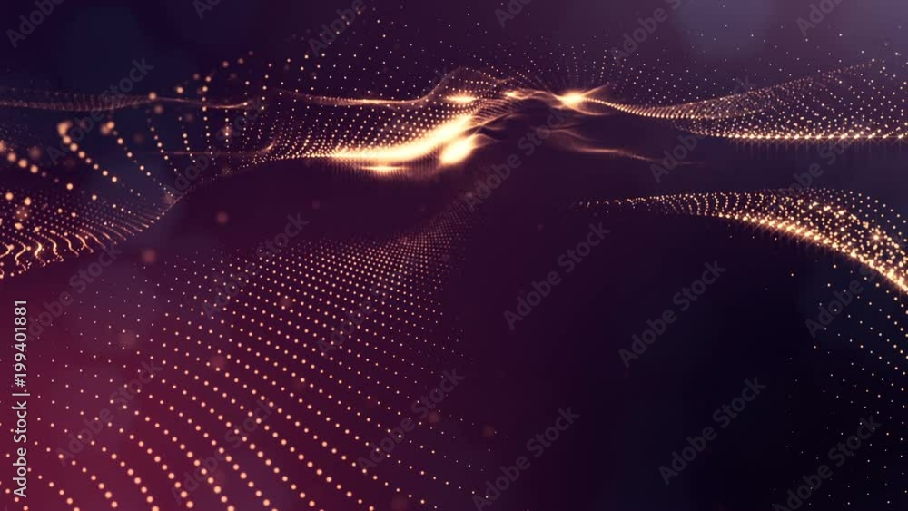 Poster virtual space with depth of field. looped holographic background with particles form lines, surfaces