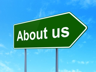 Business concept: About us on green road highway sign, clear blue sky background, 3D rendering