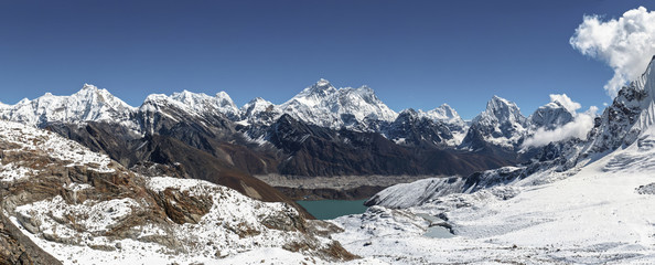 Everest, Lhotse, Makalu, Cholatse-pieken vanaf de Renjo-pas