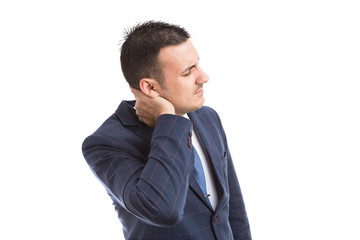 Banker or broker grabbing his scruff as stress concept.