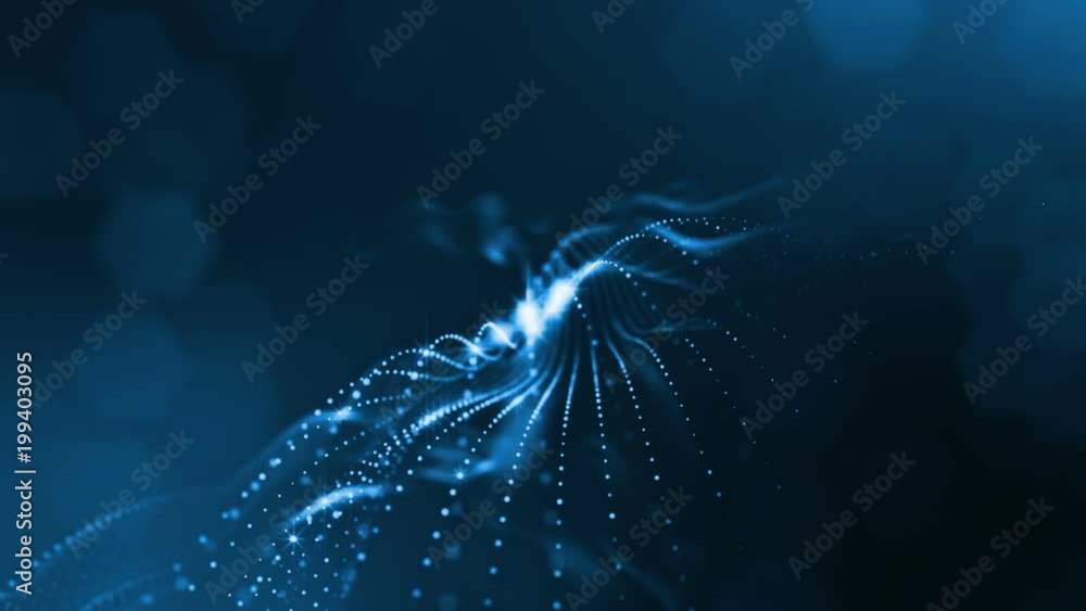 Poster virtual space with depth of field. looped holographic background with particles form lines, surfaces